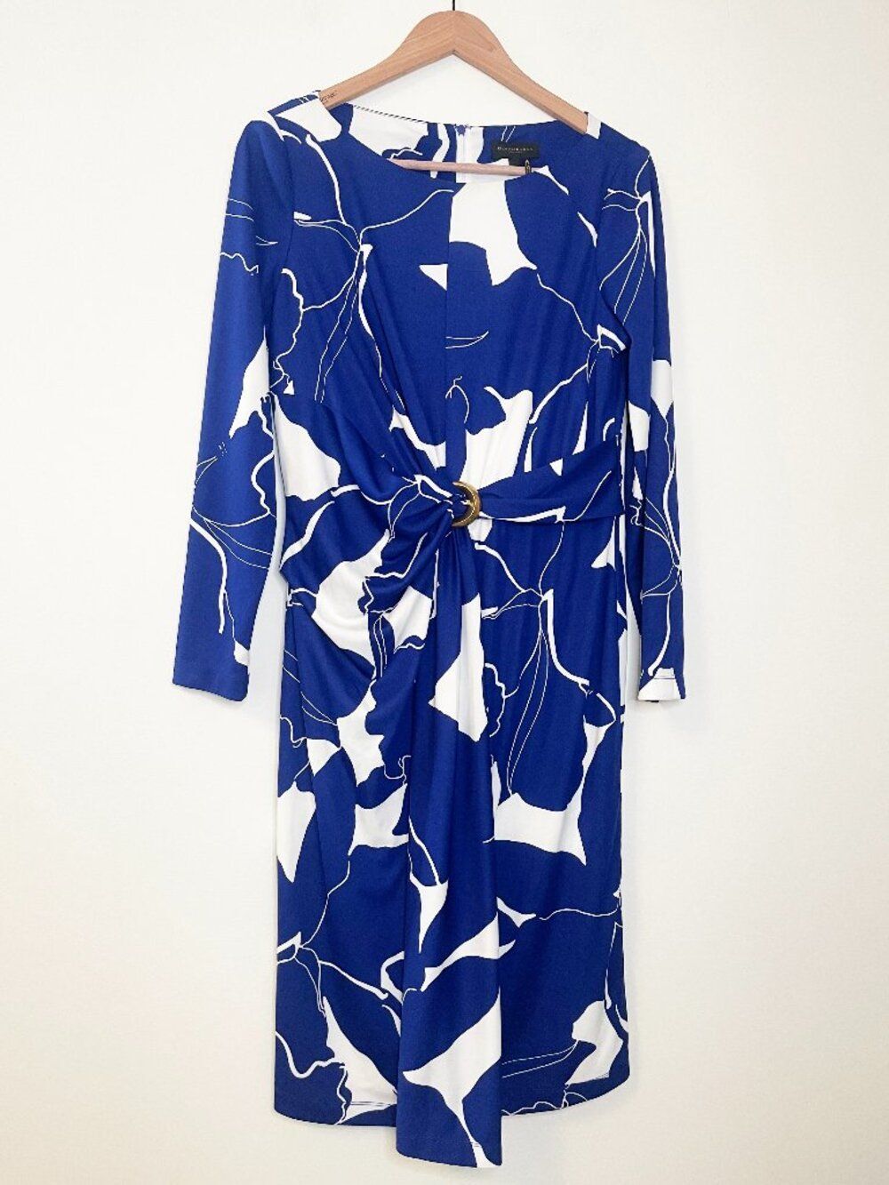 Donna Karan Cobalt Blue White Floral Print Long Sleeve Midi Dress Size 12
